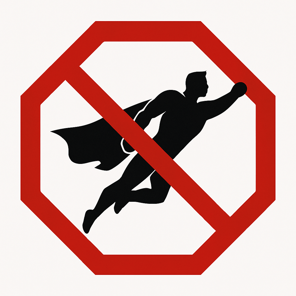 Silueta negra de un superhéroe volando dentro de una señal de stop roja sobre fondo blanco, símbolo del fin de la era superheroica.