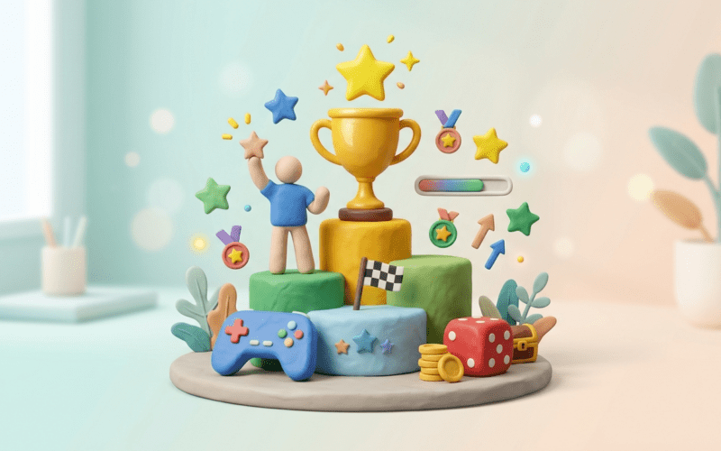 Representación minimalista en estilo arcilla (clay) de elementos de gamificación: podio, trofeo, mando de consola y estrellas, simbolizando el aprendizaje lúdico en la enseñanza universitaria.