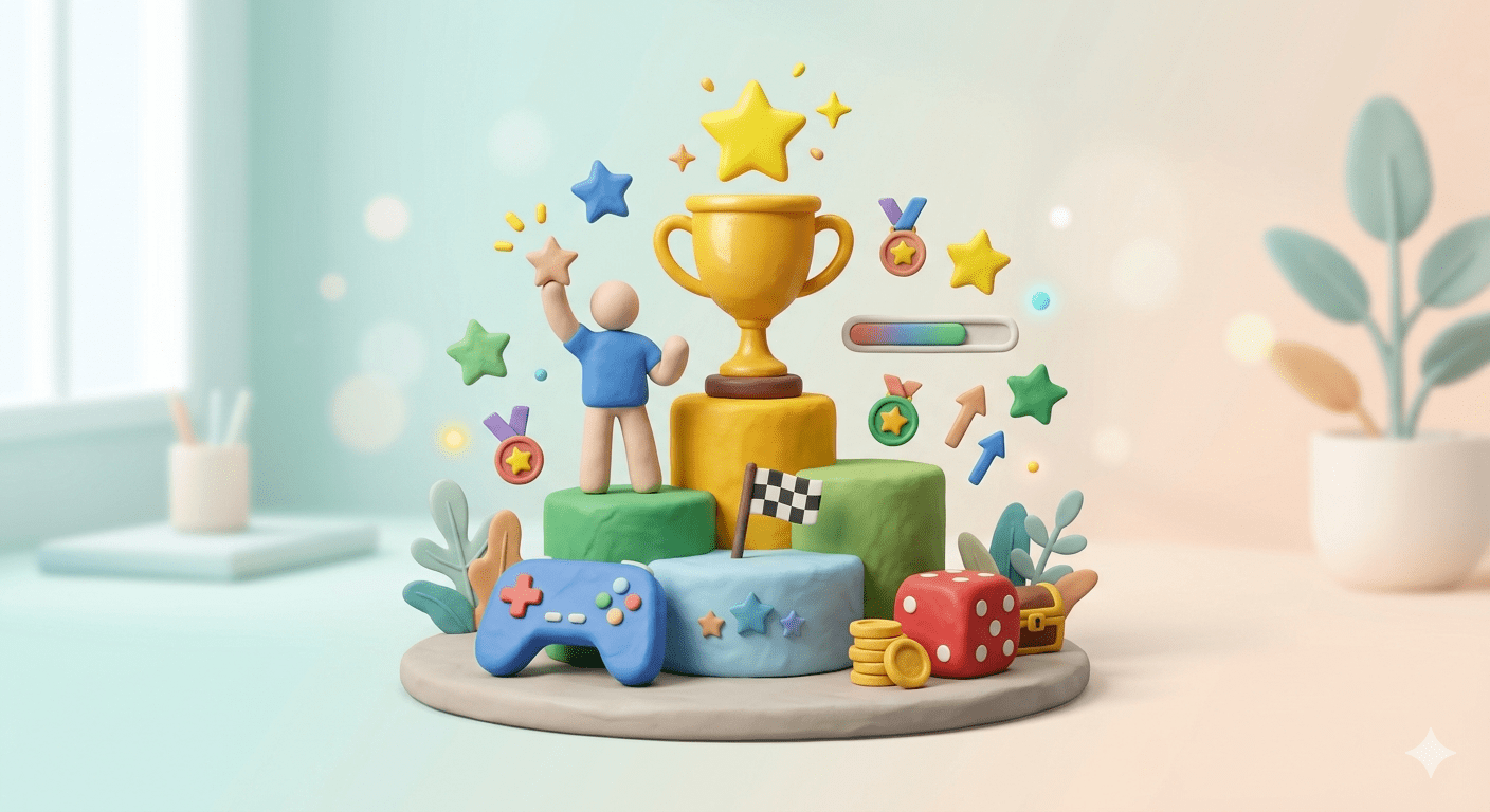 Representación minimalista en estilo arcilla (clay) de elementos de gamificación: podio, trofeo, mando de consola y estrellas, simbolizando el aprendizaje lúdico en la enseñanza universitaria.