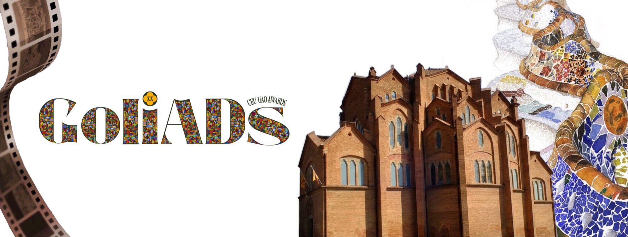 Cartel oficial de la XX edición de los GoliADs CEU UAO Awards con el logotipo de mosaico modernista, una cinta de cine y el edificio de la universidad.