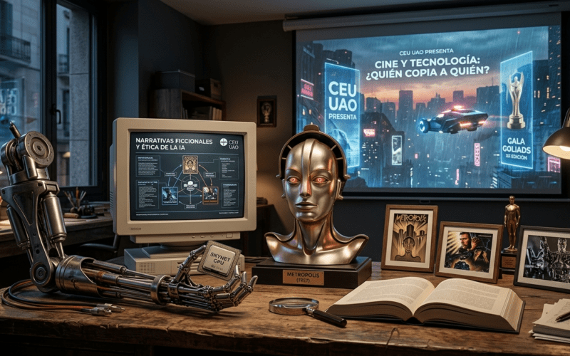 Escritorio de investigación con elementos icónicos del cine de ficción y tecnología como el busto de Metrópolis, el brazo robótico de Terminator y una pantalla futurista inspirada en Blade Runner.