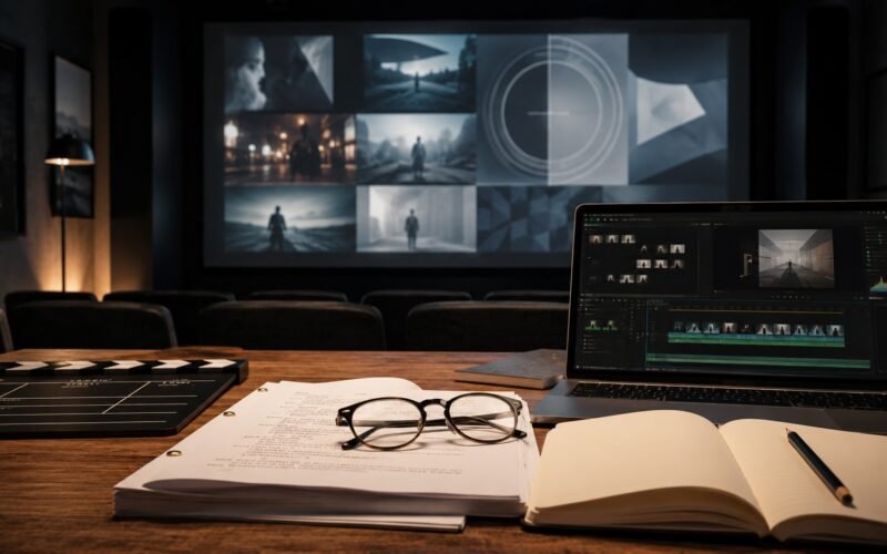 Sala de edición cinematográfica con guion, ordenador y pantalla de proyección para analizar cine y series contemporáneas