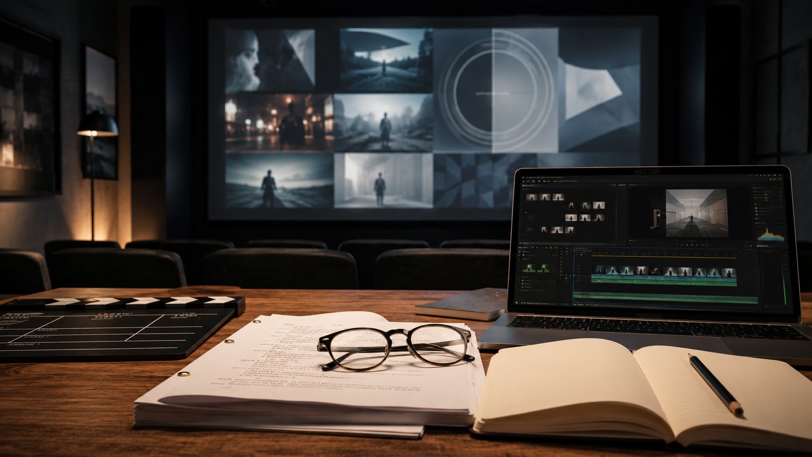 Sala de edición cinematográfica con guion, ordenador y pantalla de proyección para analizar cine y series contemporáneas