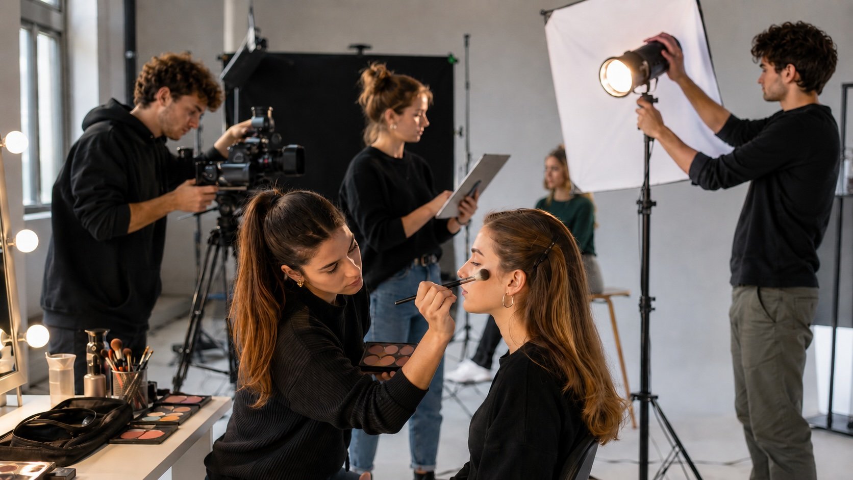 Estudiante de Thuya aplicando maquillaje profesional en un rodaje universitario de la UAO CEU