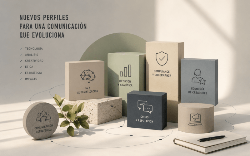 Mesa de trabajo con gráficos de reputación digital, inteligencia artificial y planificación estratégica para representar perfiles profesionales emergentes en publicidad y RRPP