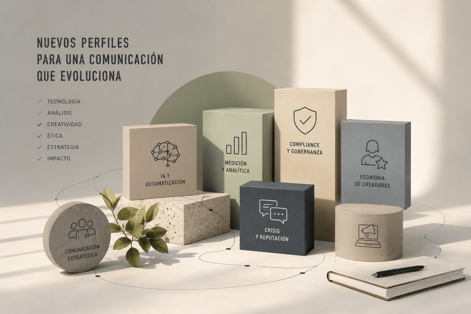 Mesa de trabajo con gráficos de reputación digital, inteligencia artificial y planificación estratégica para representar perfiles profesionales emergentes en publicidad y RRPP