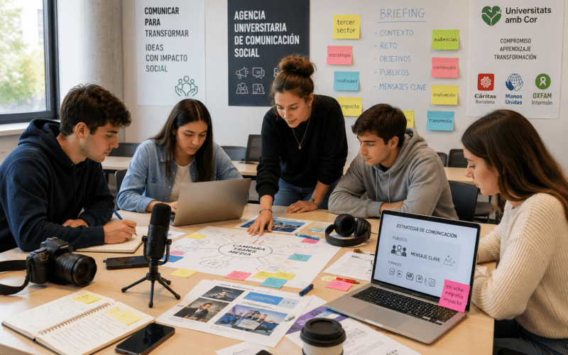 Aula universitaria convertida en agencia de comunicación social para representar el Proyecto ACTÚA de innovación docente en comunicación