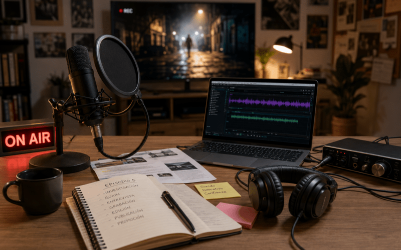 Mesa de grabación de pódcast con micrófono, auriculares y portátil, en referencia a la representación del podcasting en series de ficción