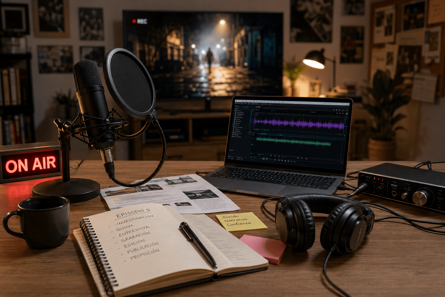 Mesa de grabación de pódcast con micrófono, auriculares y portátil, en referencia a la representación del podcasting en series de ficción